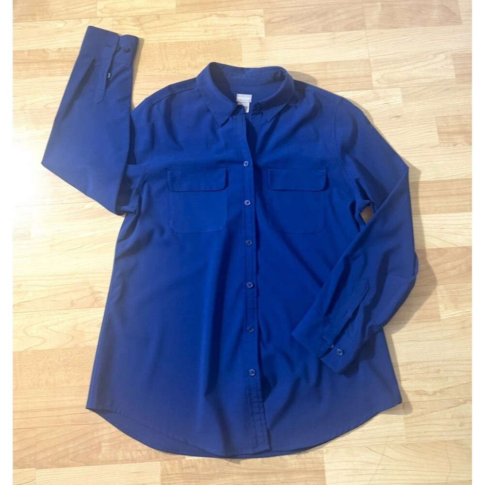 Chico's Women's Easy Shirt Silky Soft  Long Sleeve Collared Blouse Sz. 1  8/10
